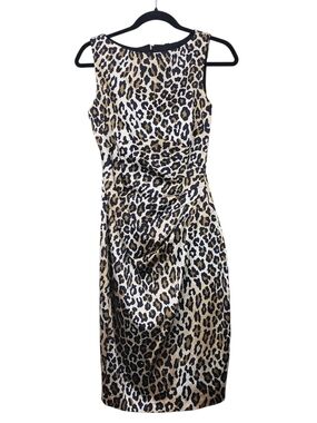 Cache Leopard-Print Satin Ruched Vintage Sheath Dress Size 6
